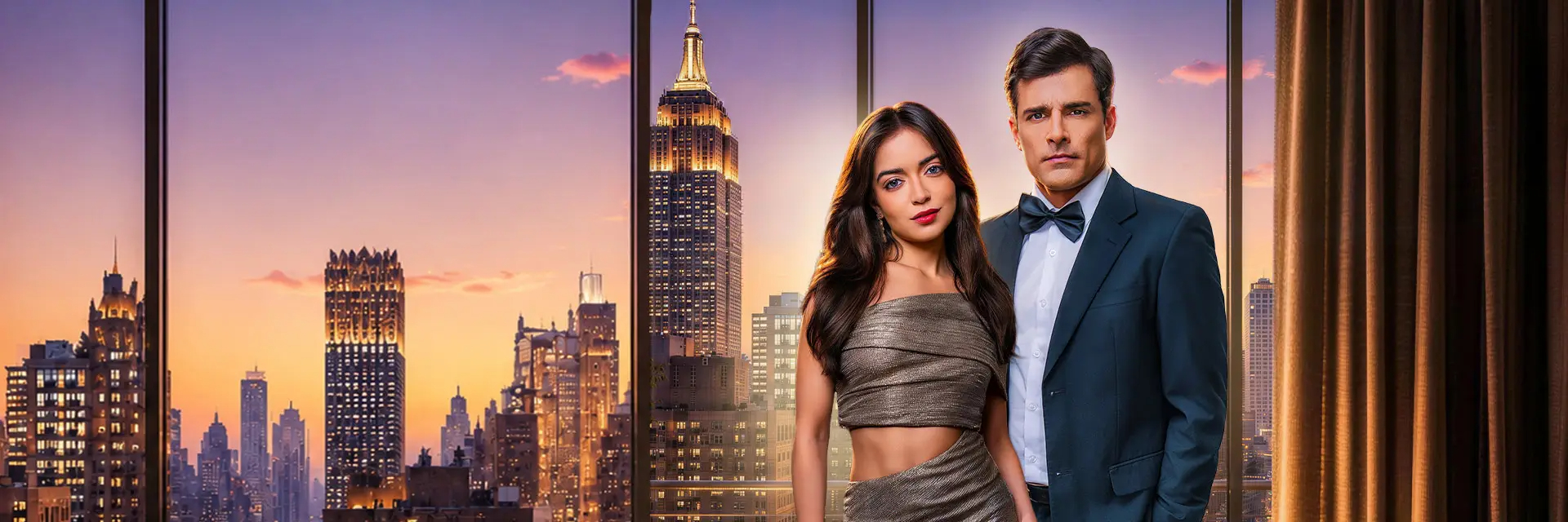 Casal em cobertura ao pôr do sol em Nova York