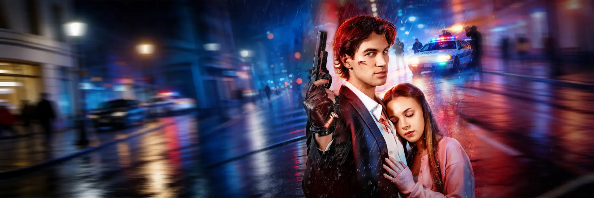 Thriller policial em rua chuvosa